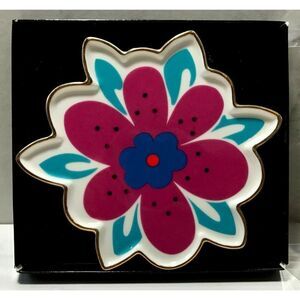 Betsey Johnson Flower Ceramic Catch All Dish Mod Hippie Pink White Blue Gold NEW
